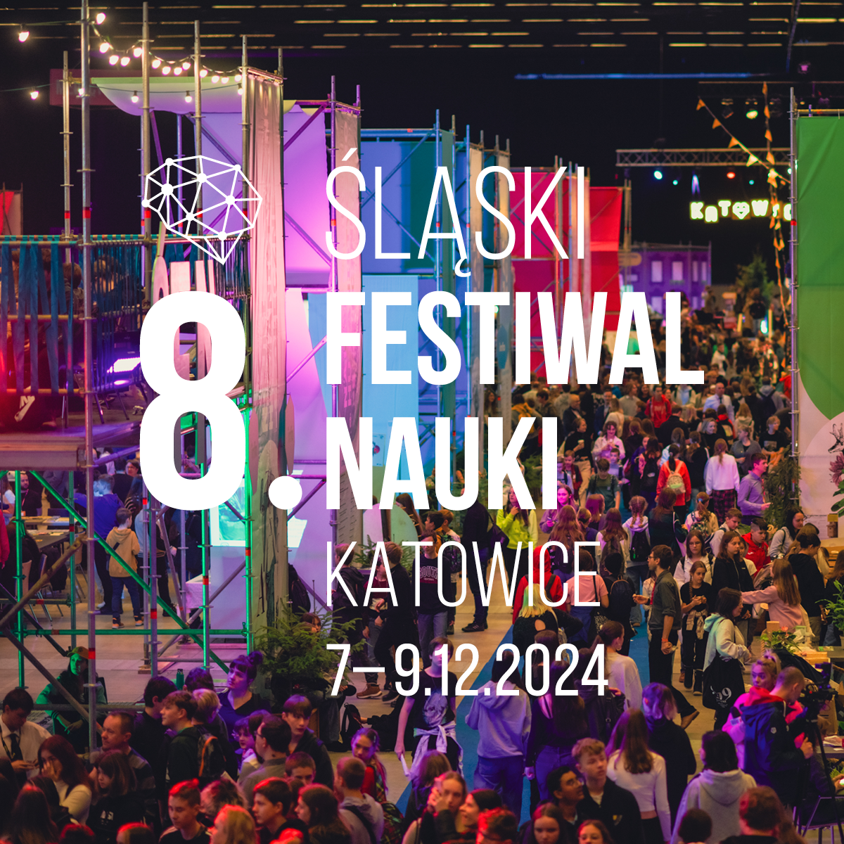 grafika z napisem: 8. Śląski Festiwal Nauki Katowice 7-9.12.2024