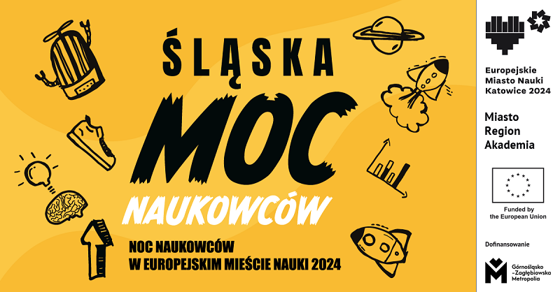 Grafika z tekstem: Śląska Moc Naukowców, Noc Naukowców w Europejskim Mieście Nauki 2024