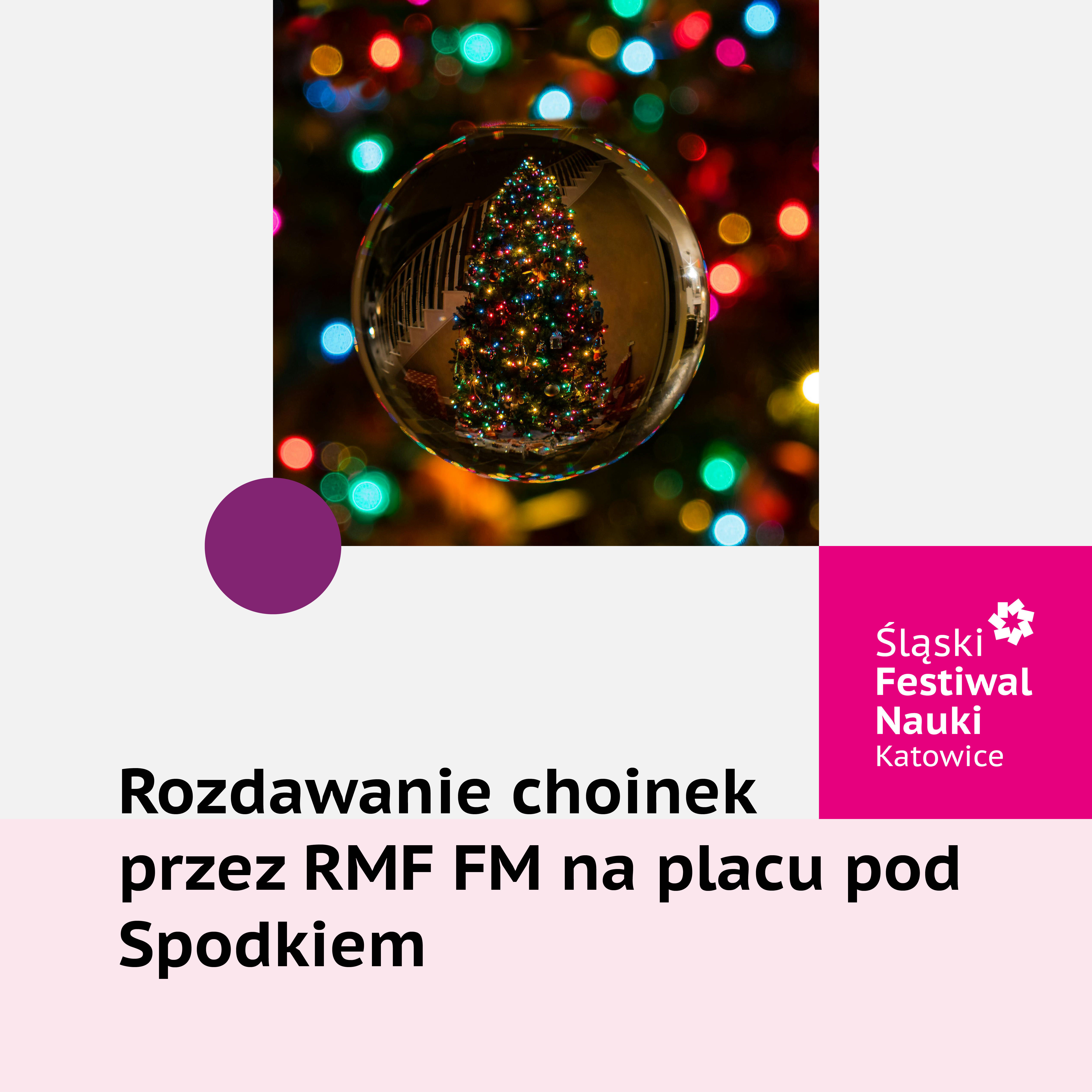 Grafika z napisem Rozdawanie choinek przez RMF FM na placu pod spodkiem