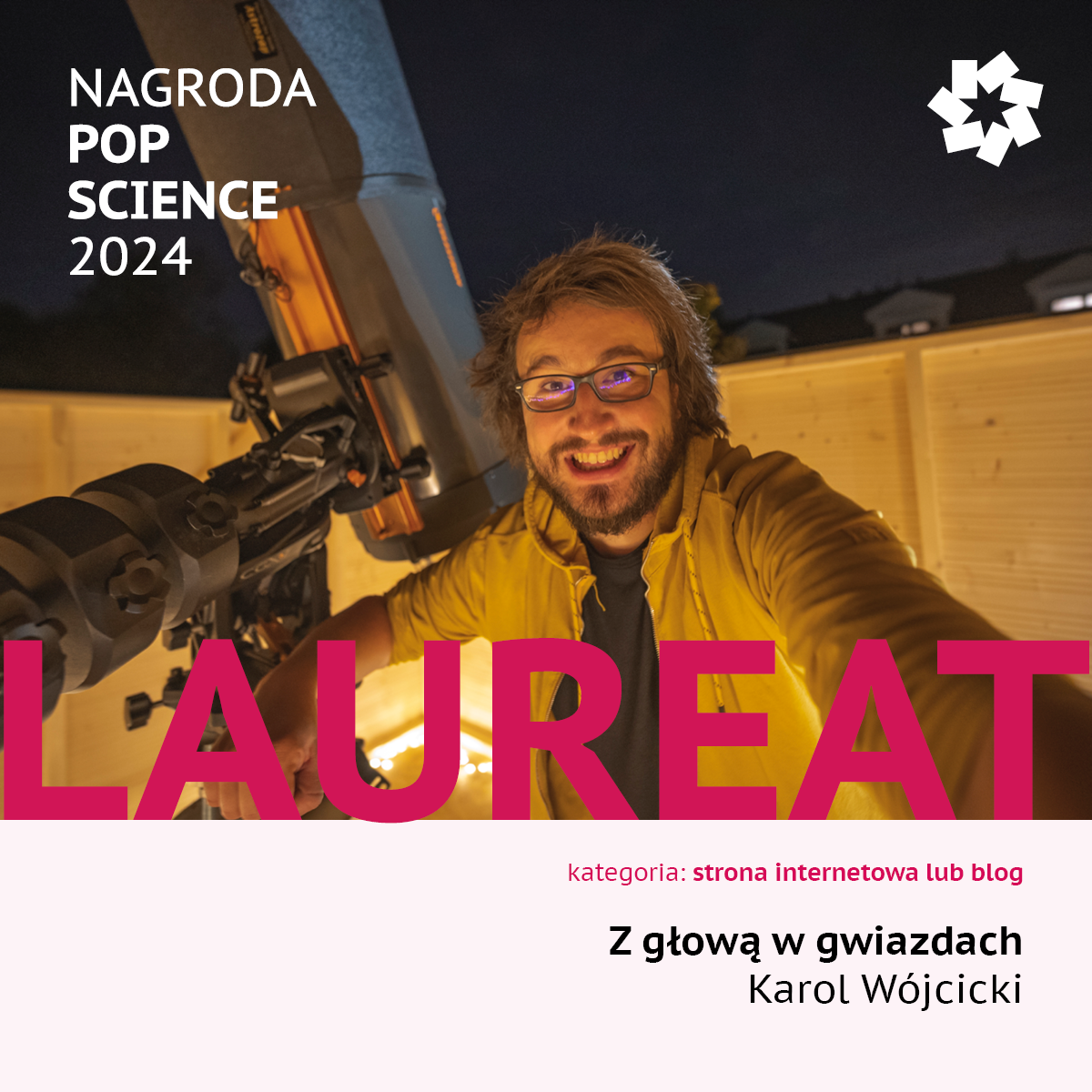 Grafika z napisem Laureat Z głową w gwiazdach, Karol Wójcicki, kategoria strona internetowa lub blog