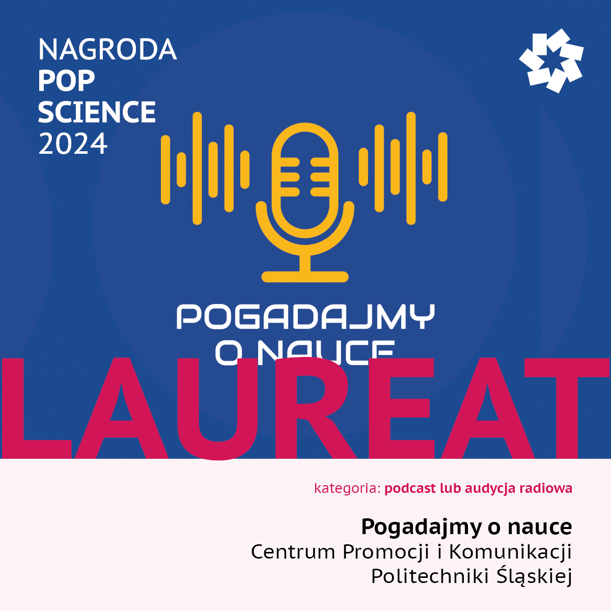 Grafika z napisem: Laureat, Pogadajmy o nauce, Centrum Promocji i Komunikacji Politechniki Śląskiej, kategoria podcast lub audycja radiowa