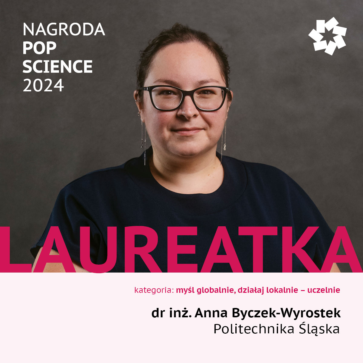 Grafika z napisem Laureatka, dr inż Anna Byczek-Wyrostek, Politechnika Śląska, kategoria myśl globalnie działaj lokalnie - uczelnie