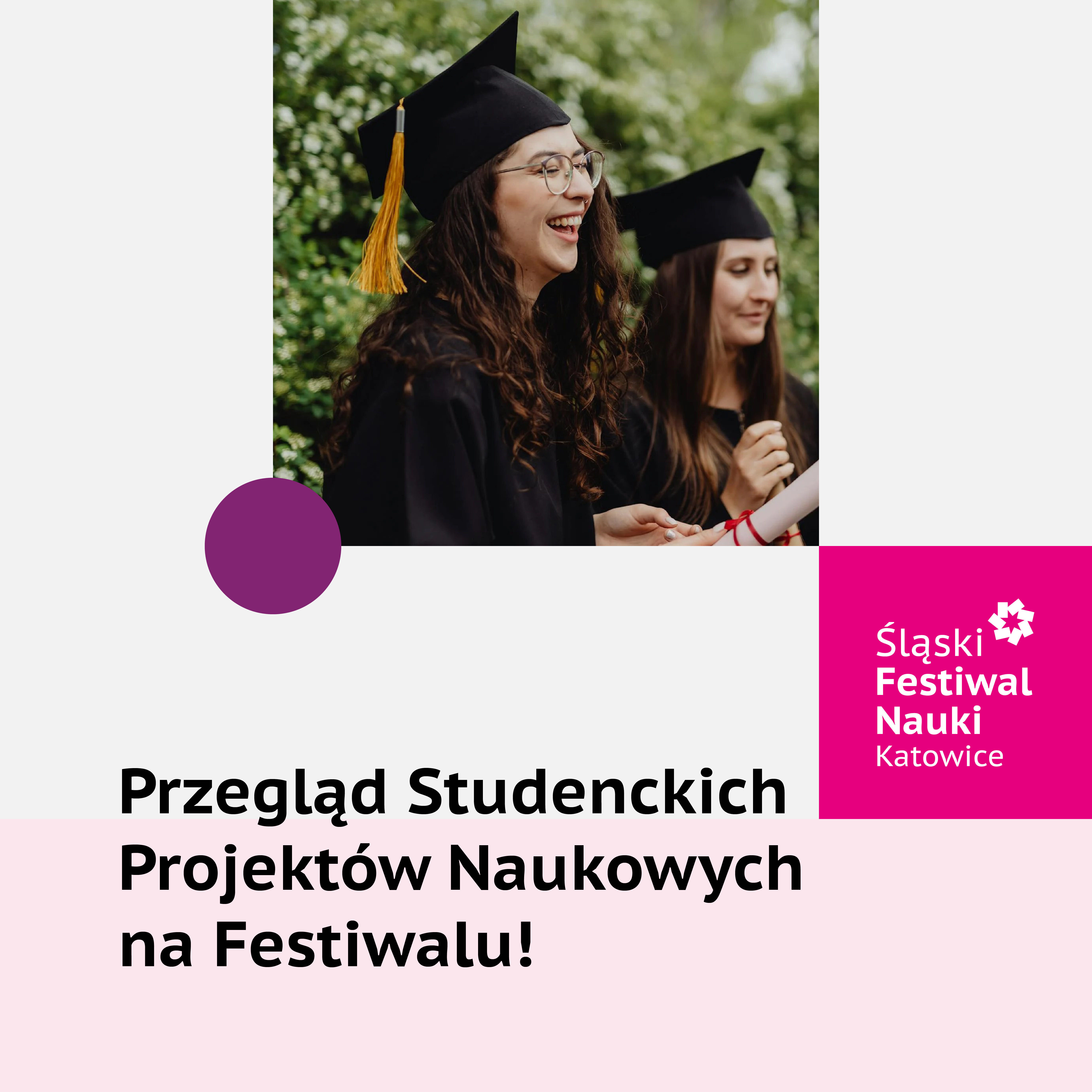 Grafika z napisem Przegląd Studenckich Projektów Naukowych na Festiwalu