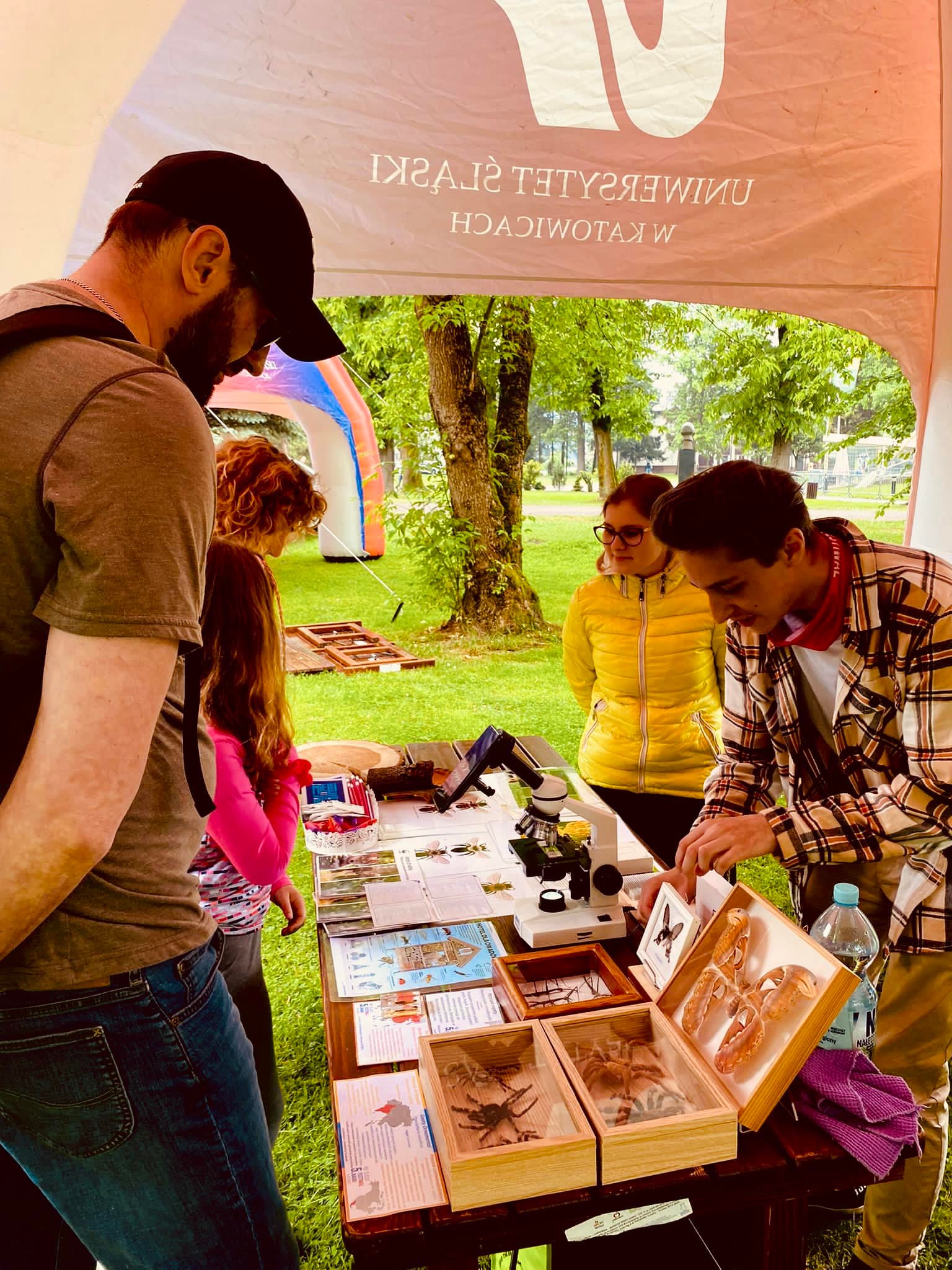Osoby pochylają się nad eksponatami pająków i motyli na stoisku ŚFN na poprzedniej edycji Granatowych Gór