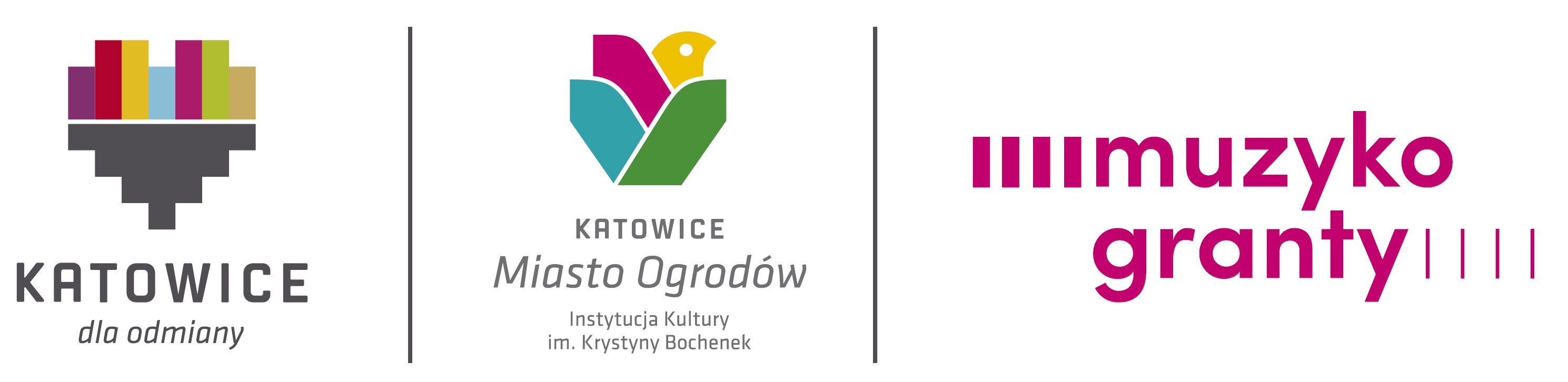 Belka z logotypami: Katowice dla odmiany, Katowice miasto ogrodów Instytucja Kultury im. Krystyny Bochenek, muzyko granty