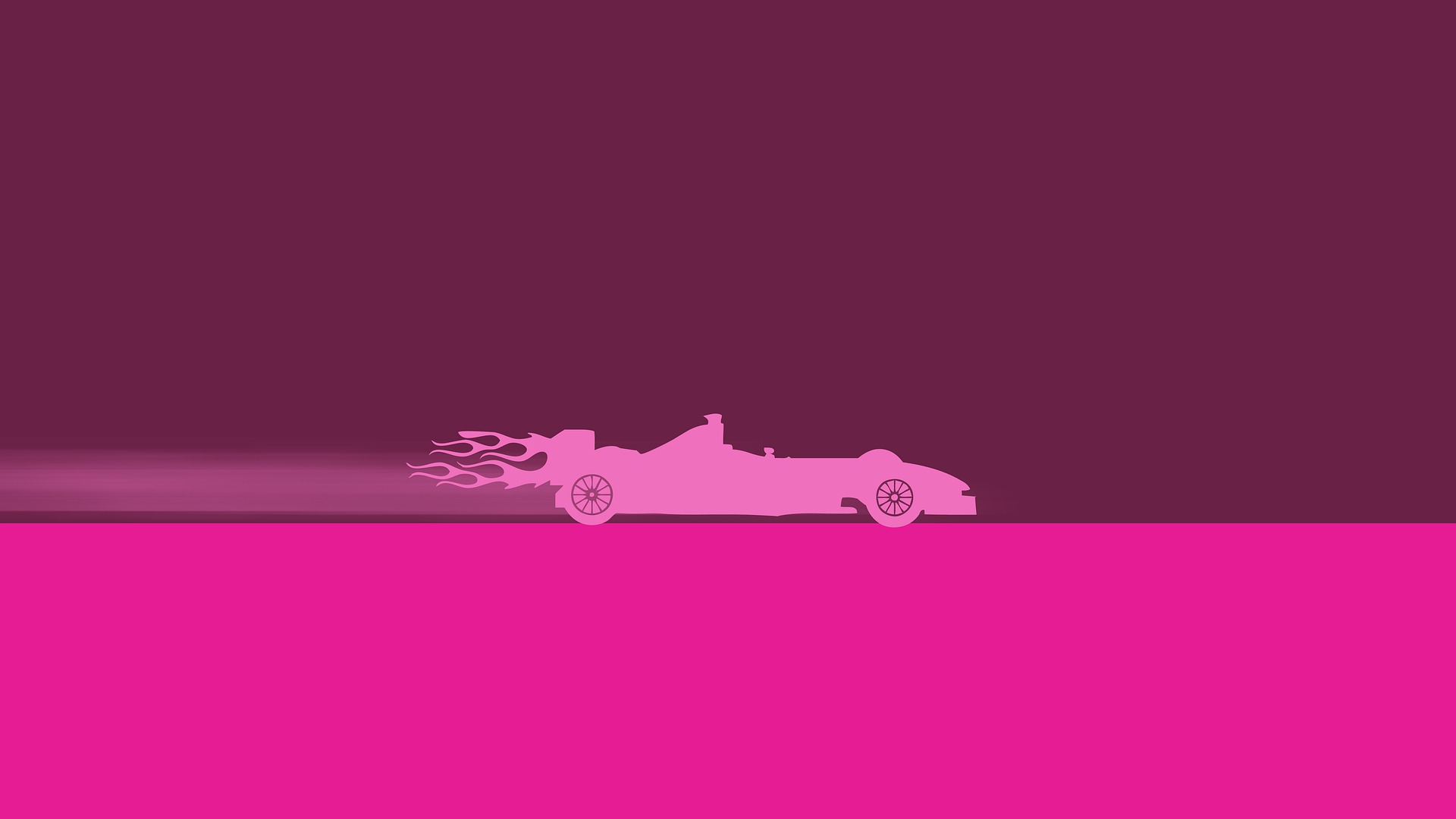 Grafika przedstawia rysunkowy różowy bolid Formuły 1 na fuksjowo-bordowo tle