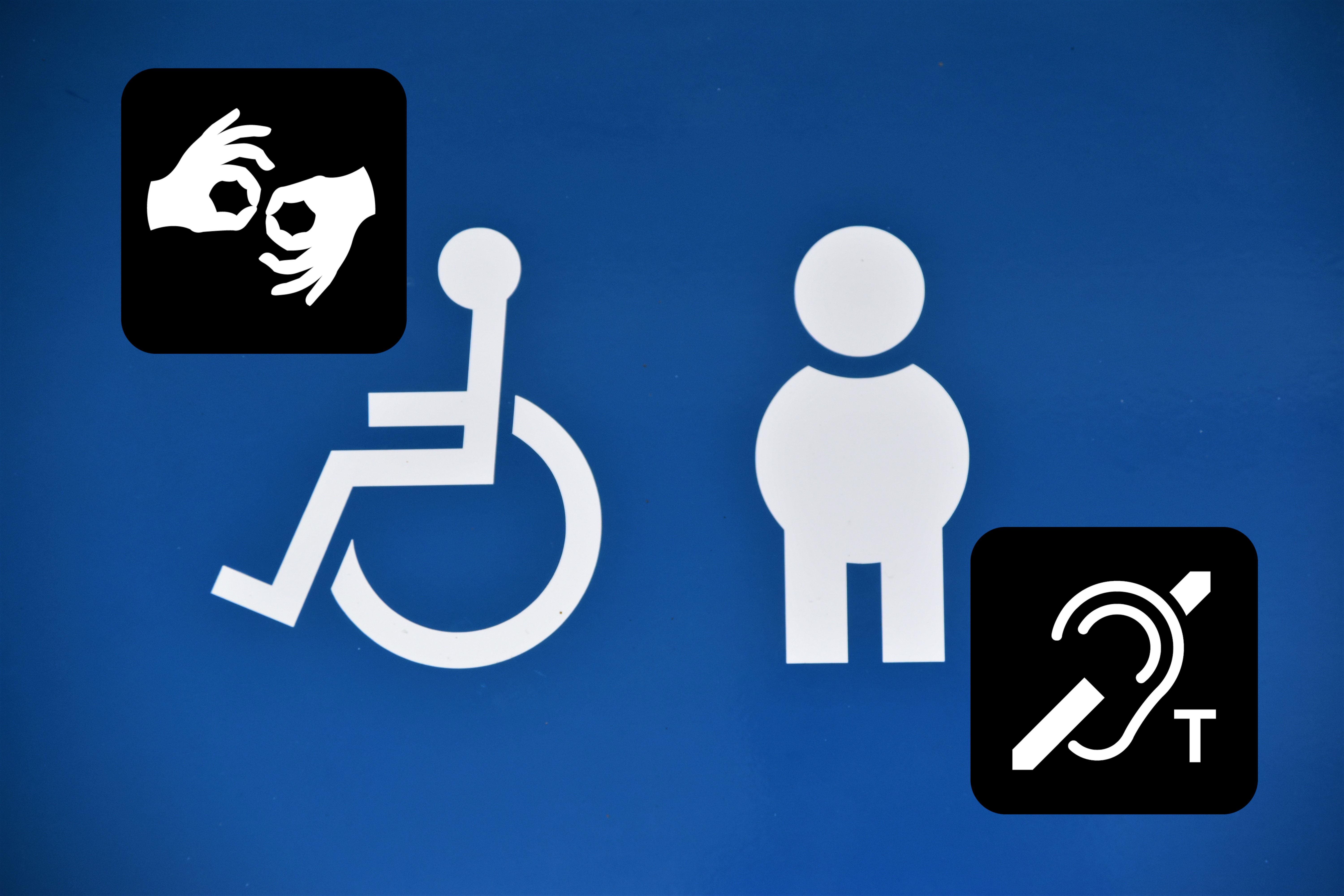 Ikony człowieka na wózku inwalidzkim, kobiety w ciąży, logo pętli indukcyjnej i logo PJM